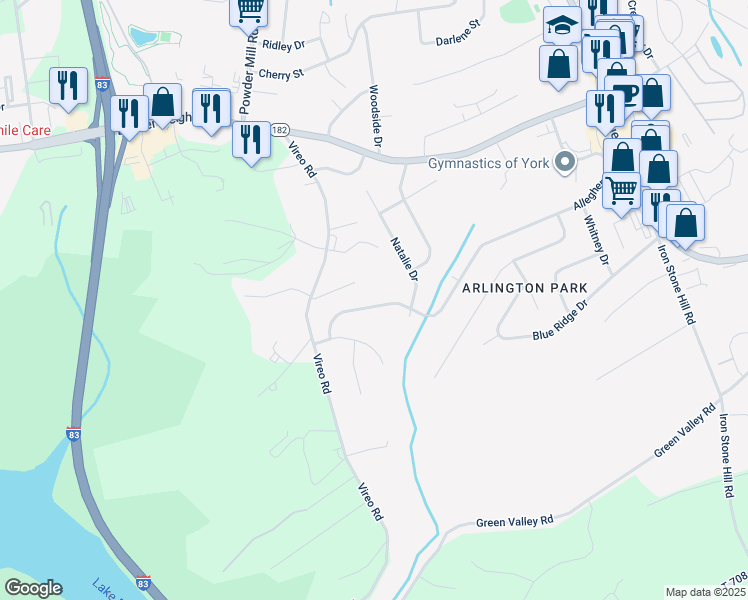 map of restaurants, bars, coffee shops, grocery stores, and more near 347 Allegheny Drive in York