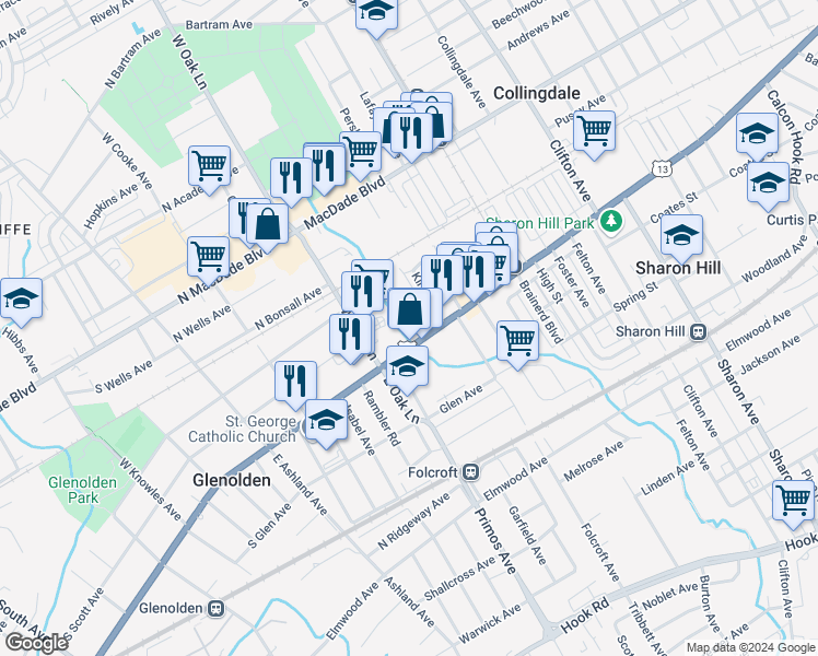 map of restaurants, bars, coffee shops, grocery stores, and more near 1540 Chester Pike in Folcroft