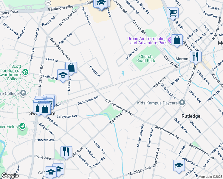 map of restaurants, bars, coffee shops, grocery stores, and more near 31 Dartmouth Circle in Swarthmore