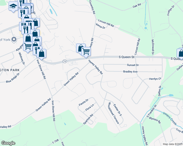 map of restaurants, bars, coffee shops, grocery stores, and more near 641 Cortland Drive in York