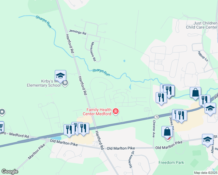 map of restaurants, bars, coffee shops, grocery stores, and more near 70 Westmont Drive in Medford