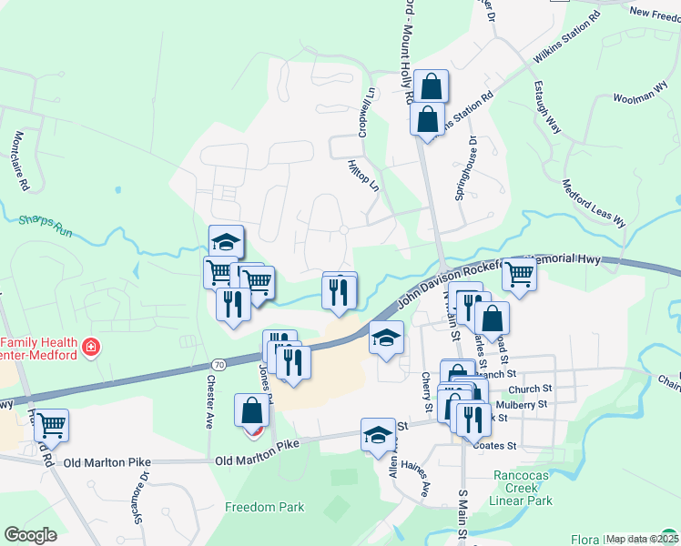 map of restaurants, bars, coffee shops, grocery stores, and more near 32 Eaves Mill Road in Medford