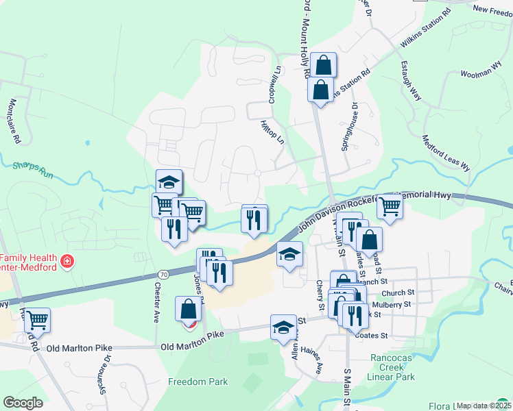 map of restaurants, bars, coffee shops, grocery stores, and more near 32 Eaves Mill Road in Medford