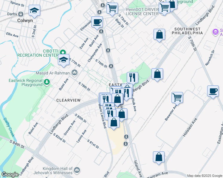 map of restaurants, bars, coffee shops, grocery stores, and more near 7701 Lindbergh Boulevard in Philadelphia