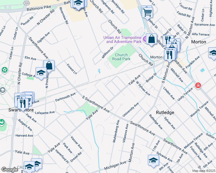 map of restaurants, bars, coffee shops, grocery stores, and more near 33 Waverly Avenue in Morton