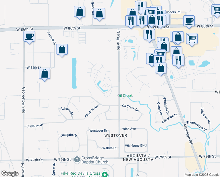 map of restaurants, bars, coffee shops, grocery stores, and more near 4005 Point Bar Road in Indianapolis