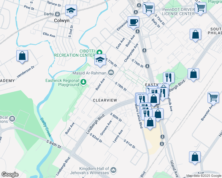 map of restaurants, bars, coffee shops, grocery stores, and more near 7819 Midas Place in Philadelphia