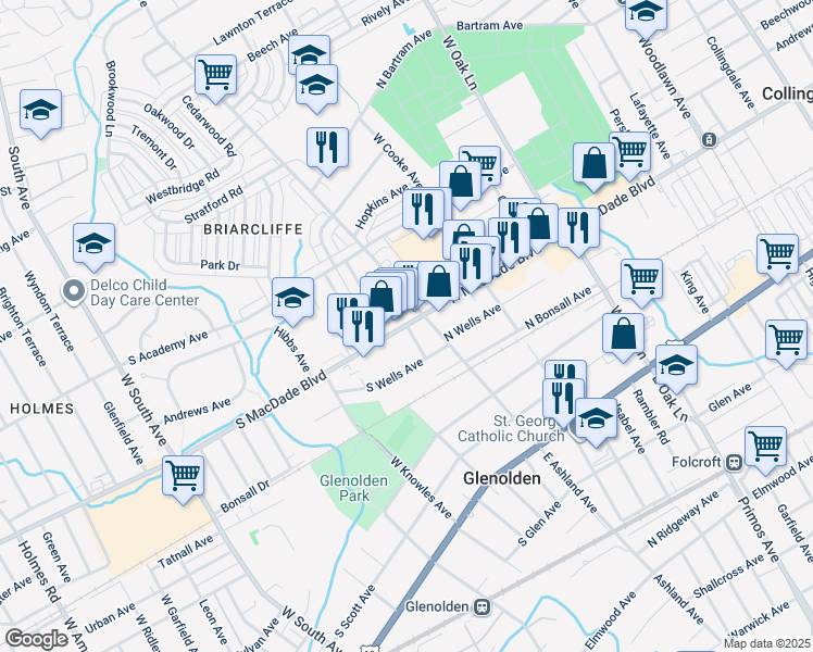 map of restaurants, bars, coffee shops, grocery stores, and more near 14-16 South Macdade Boulevard in Glenolden
