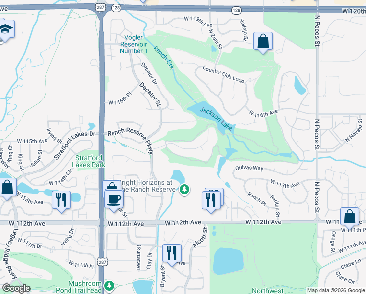 map of restaurants, bars, coffee shops, grocery stores, and more near 2560 Ranch Reserve Ridge in Westminster