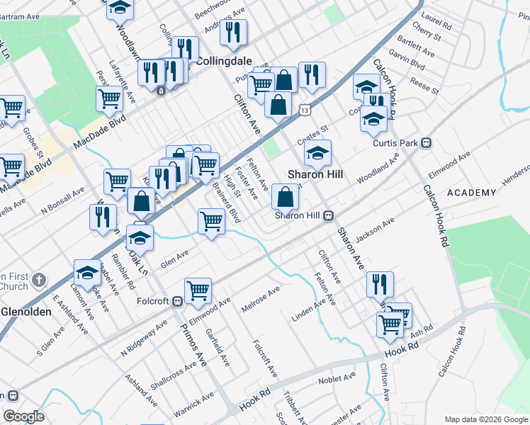 map of restaurants, bars, coffee shops, grocery stores, and more near 1317 Spring Street in Sharon Hill