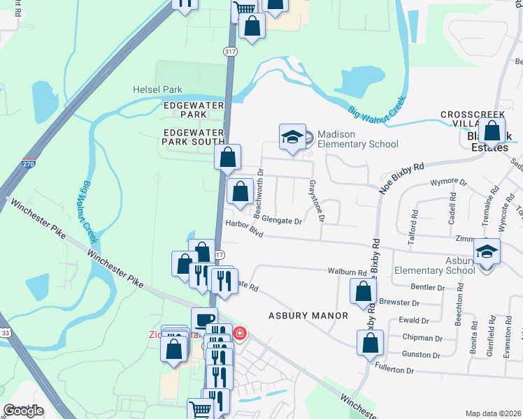map of restaurants, bars, coffee shops, grocery stores, and more near 3453 Beachworth Drive in Columbus