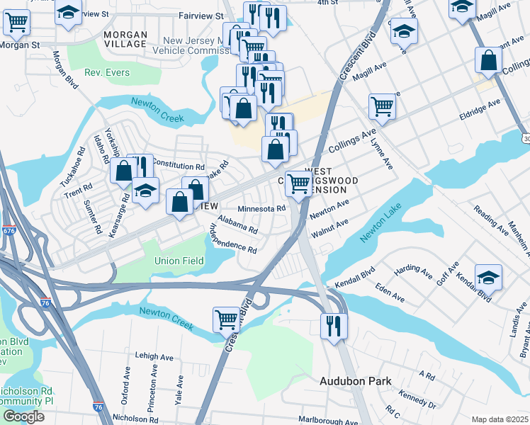 map of restaurants, bars, coffee shops, grocery stores, and more near 1604 Minnesota Road in Camden