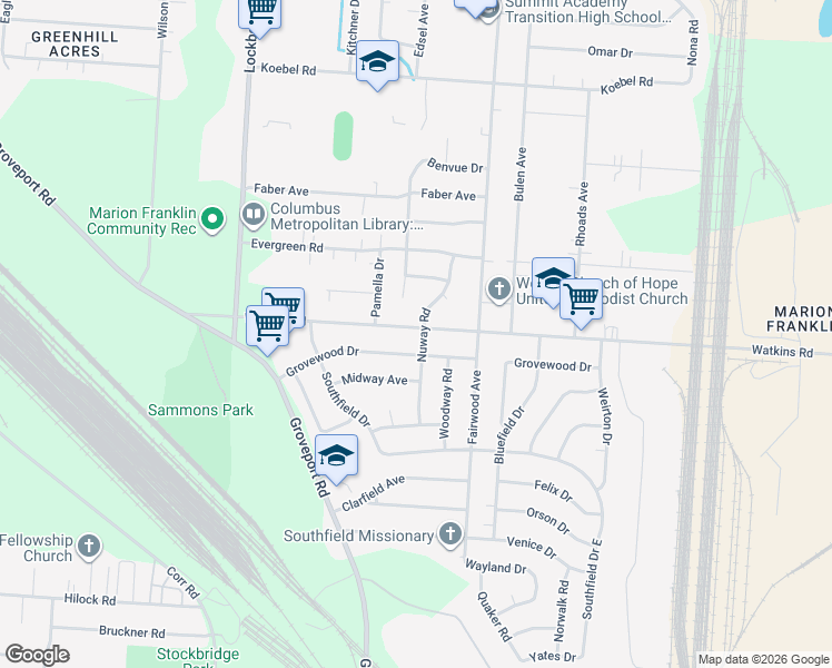 map of restaurants, bars, coffee shops, grocery stores, and more near 1298 Grovewood Drive in Columbus