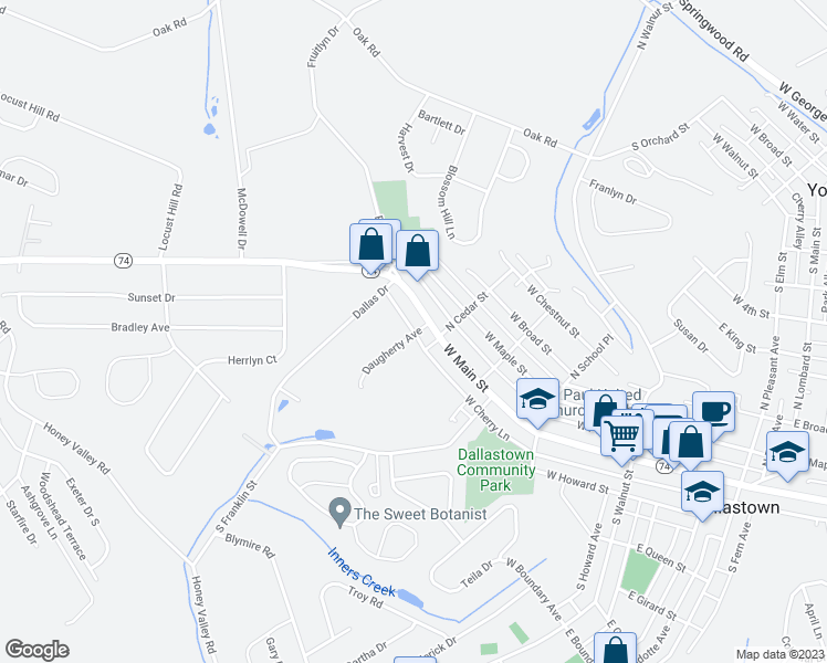 map of restaurants, bars, coffee shops, grocery stores, and more near 390 West Howard Street in Dallastown