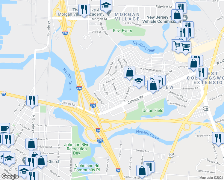 map of restaurants, bars, coffee shops, grocery stores, and more near 3046 Essex Road in Camden