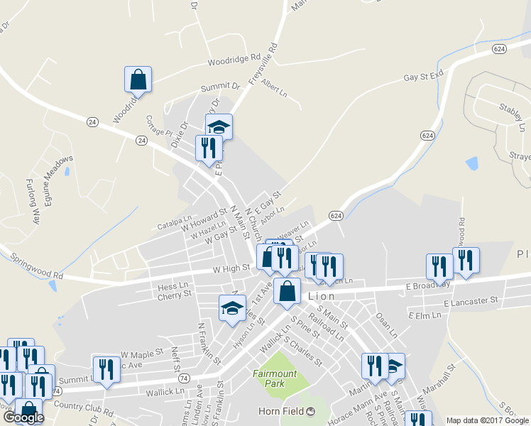 map of restaurants, bars, coffee shops, grocery stores, and more near 20 East Gay Street in Red Lion