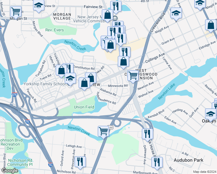 map of restaurants, bars, coffee shops, grocery stores, and more near 1534 Minnesota Road in Camden