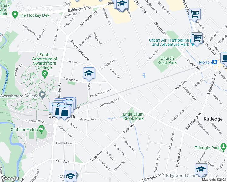 map of restaurants, bars, coffee shops, grocery stores, and more near 206 Swarthmore Avenue in Swarthmore
