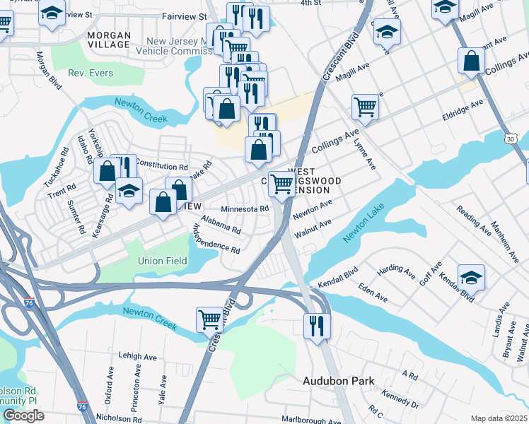 map of restaurants, bars, coffee shops, grocery stores, and more near 1662 Minnesota Road in Camden