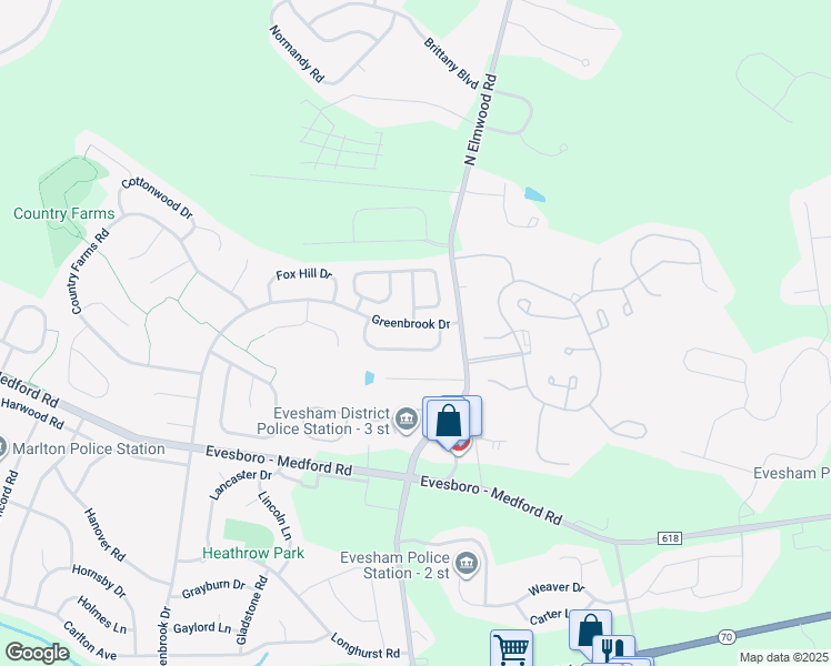 map of restaurants, bars, coffee shops, grocery stores, and more near 174 Greenbrook Drive in Evesham