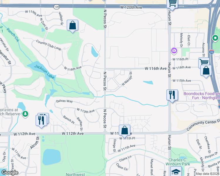 map of restaurants, bars, coffee shops, grocery stores, and more near 11410 Quivas Way in Westminster