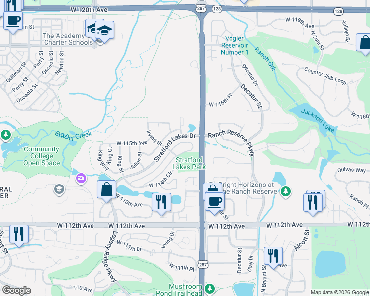map of restaurants, bars, coffee shops, grocery stores, and more near 3135 West 114th Loop in Westminster