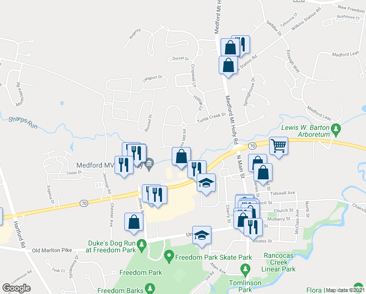 map of restaurants, bars, coffee shops, grocery stores, and more near 10 Forge Road in Medford