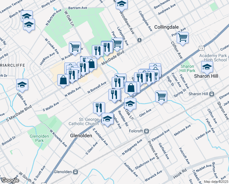 map of restaurants, bars, coffee shops, grocery stores, and more near 317 North Llanwellyn Avenue in Glenolden
