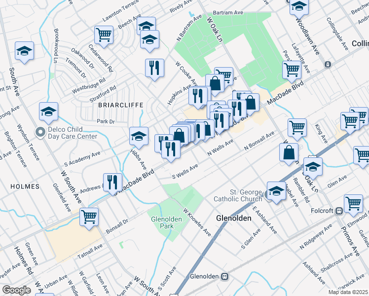 map of restaurants, bars, coffee shops, grocery stores, and more near 50 South Macdade Boulevard in Glenolden