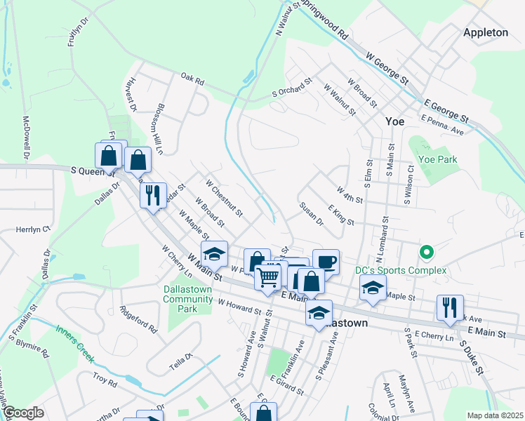 map of restaurants, bars, coffee shops, grocery stores, and more near 209 West Chestnut Street in Dallastown