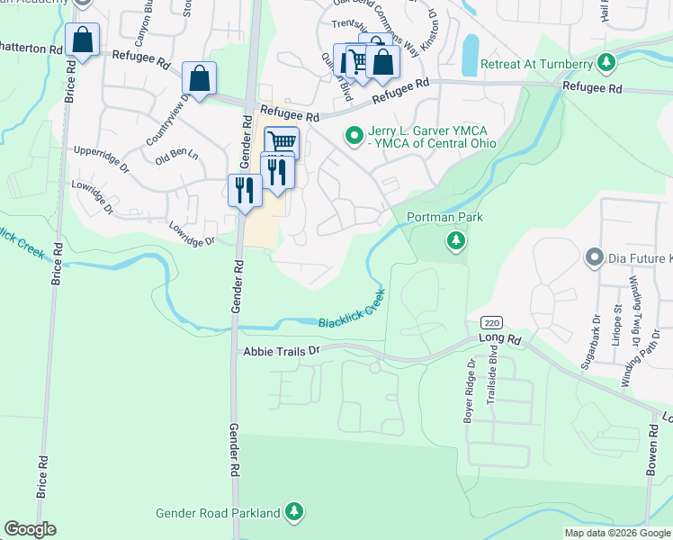 map of restaurants, bars, coffee shops, grocery stores, and more near 6757 Dorothy's Crossing in Columbus