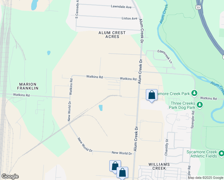 map of restaurants, bars, coffee shops, grocery stores, and more near 2455 Watkins Road in Columbus