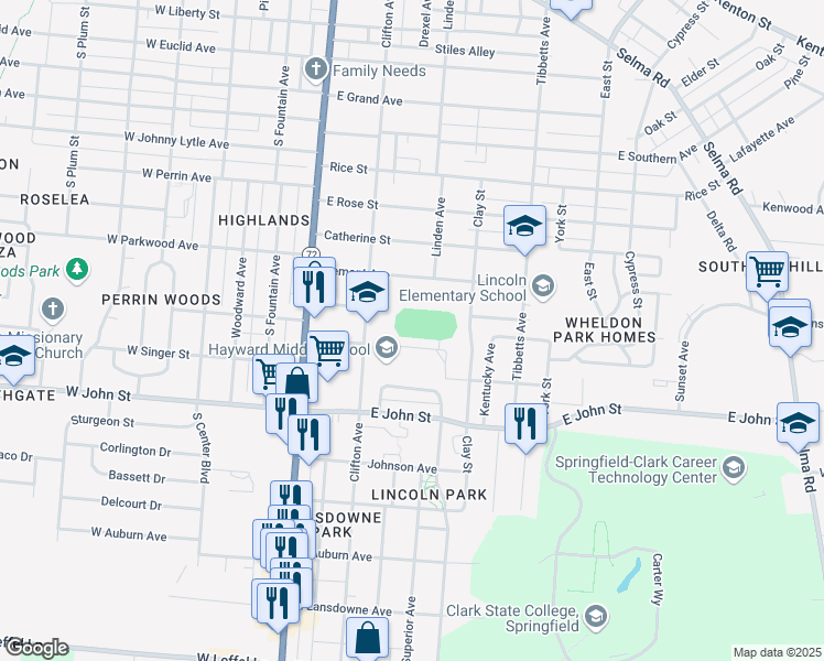 map of restaurants, bars, coffee shops, grocery stores, and more near 1700 Clifton Avenue in Springfield