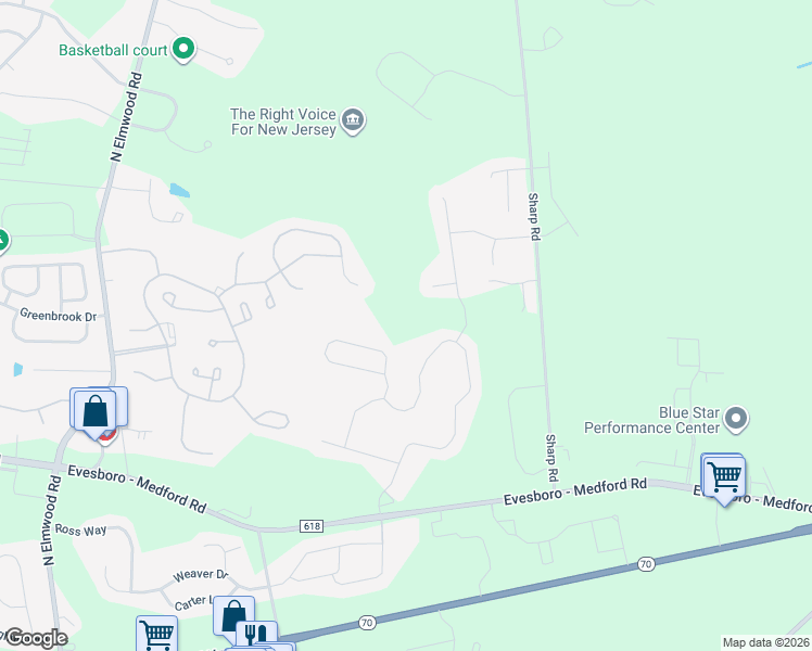 map of restaurants, bars, coffee shops, grocery stores, and more near 18 Huxley Circle in Evesham