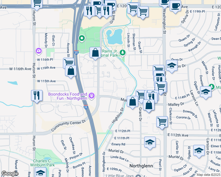 map of restaurants, bars, coffee shops, grocery stores, and more near 11450 Community Center Drive in Northglenn