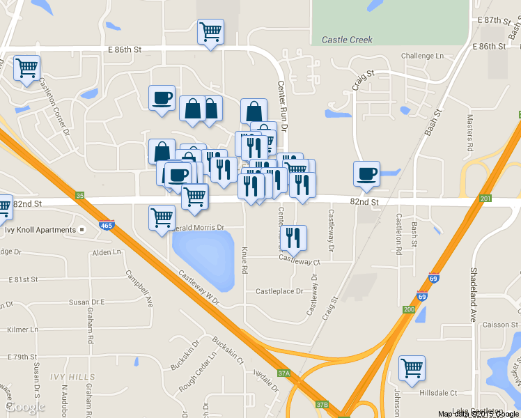 map of restaurants, bars, coffee shops, grocery stores, and more near 6255 82nd St in Indianapolis