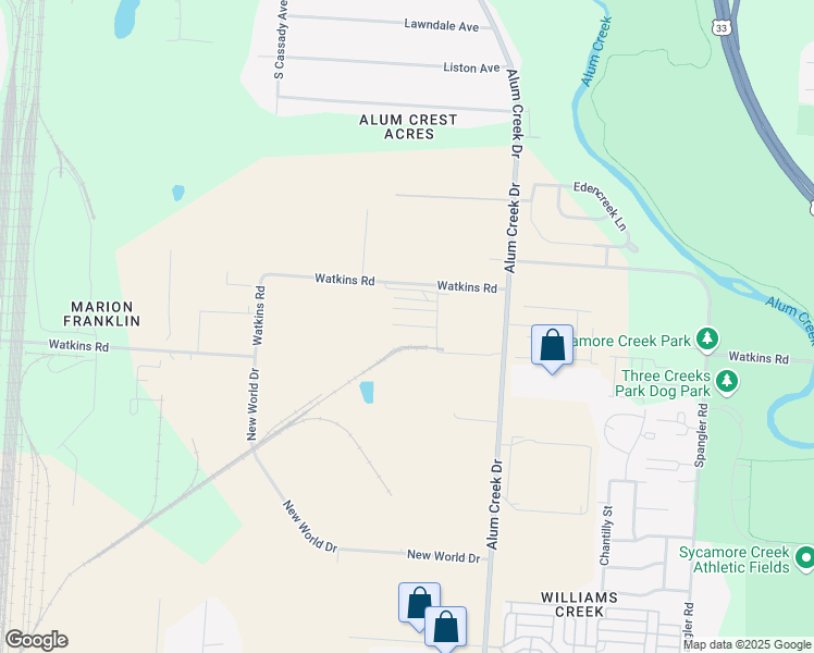 map of restaurants, bars, coffee shops, grocery stores, and more near 2455 Watkins Road in Columbus