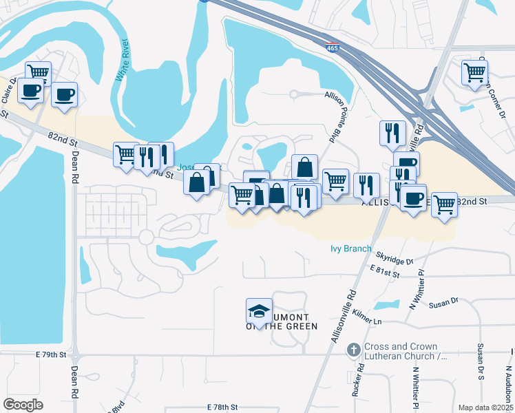 map of restaurants, bars, coffee shops, grocery stores, and more near 4909 East 82nd Street in Indianapolis