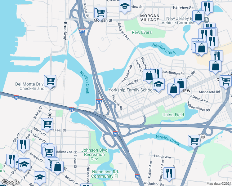 map of restaurants, bars, coffee shops, grocery stores, and more near 3029 Tuckahoe Road in Camden