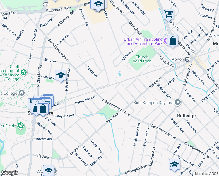 map of restaurants, bars, coffee shops, grocery stores, and more near 31 Dartmouth Circle in Swarthmore