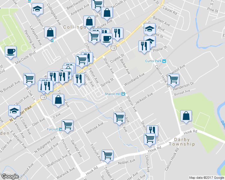 map of restaurants, bars, coffee shops, grocery stores, and more near 1136 Woodland Avenue in Sharon Hill