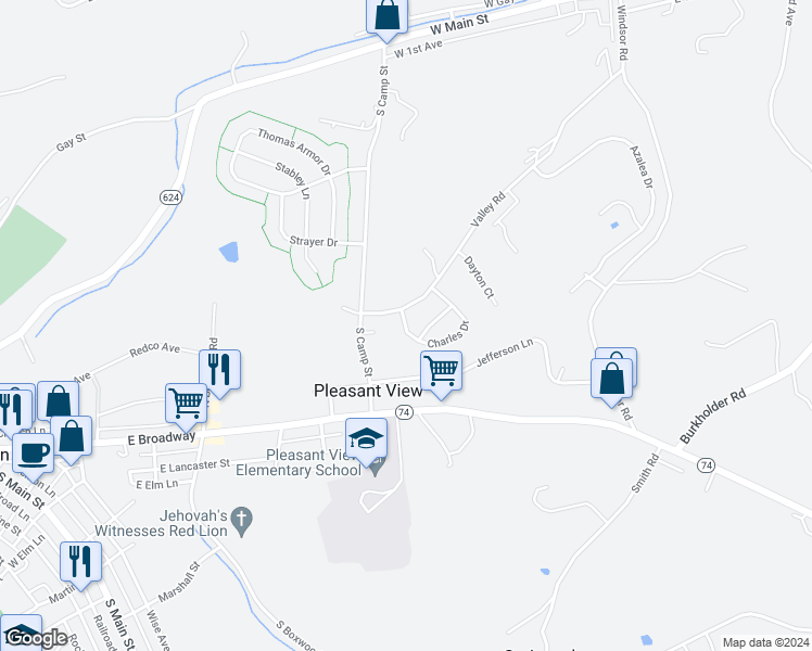 map of restaurants, bars, coffee shops, grocery stores, and more near 35 Charles Drive in Windsor