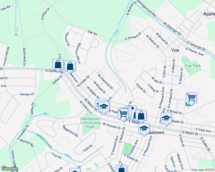 map of restaurants, bars, coffee shops, grocery stores, and more near 282 West Chestnut Street in Dallastown