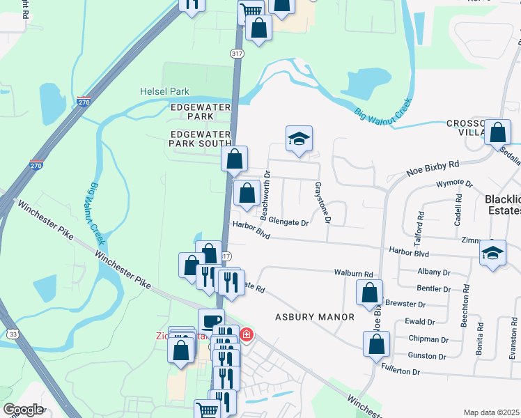 map of restaurants, bars, coffee shops, grocery stores, and more near 3453 Beachworth Drive in Columbus