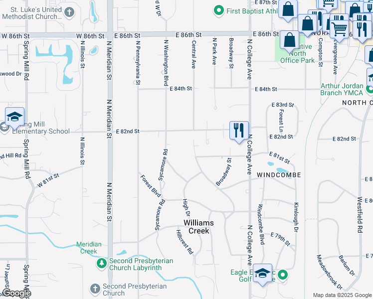map of restaurants, bars, coffee shops, grocery stores, and more near 8100 Morningside Drive in Indianapolis