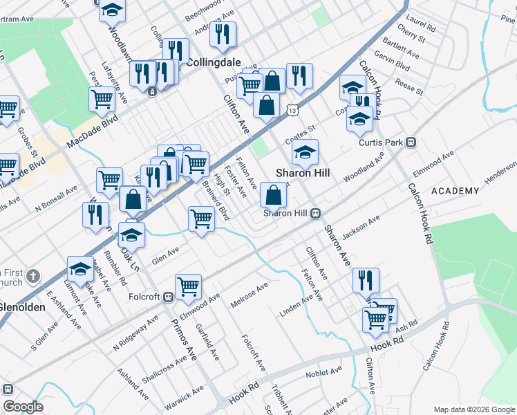 map of restaurants, bars, coffee shops, grocery stores, and more near 1317 Spring Street in Sharon Hill