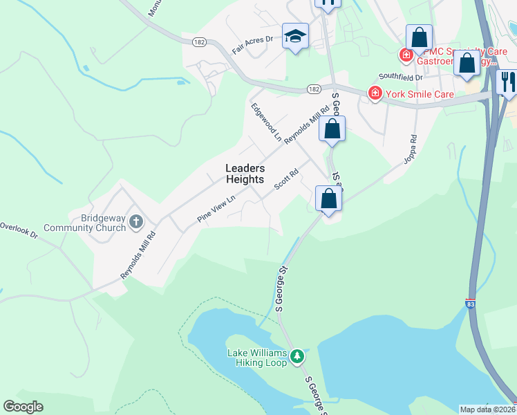 map of restaurants, bars, coffee shops, grocery stores, and more near 2680 Whispering Pines Road in York