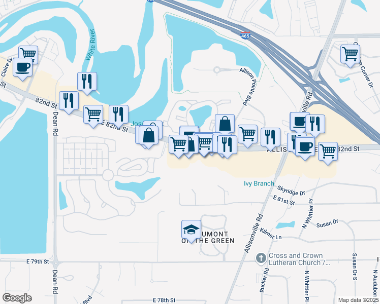 map of restaurants, bars, coffee shops, grocery stores, and more near 4909 East 82nd Street in Indianapolis