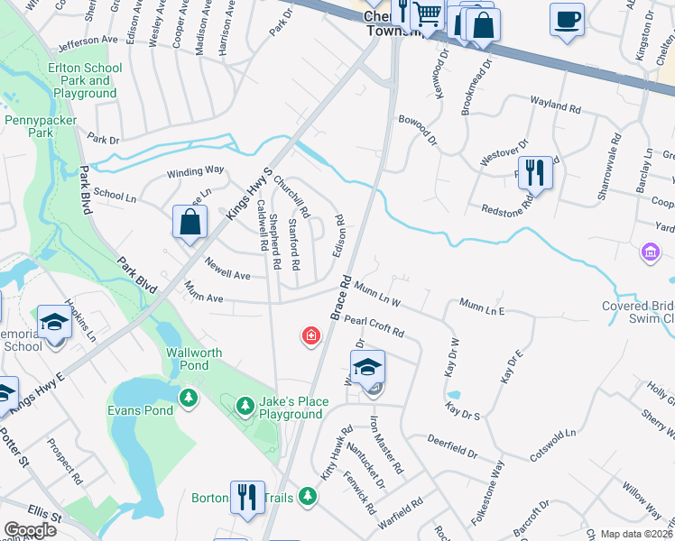 map of restaurants, bars, coffee shops, grocery stores, and more near 136 Edison Road in Cherry Hill