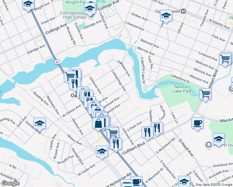 map of restaurants, bars, coffee shops, grocery stores, and more near 45 East Collingswood Avenue in Oaklyn